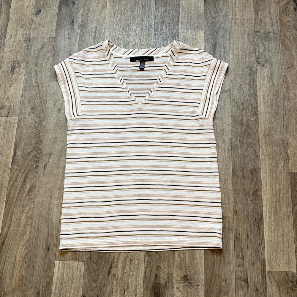 White House Black Market Tan Striped Cap Sleeve V-Neck Blouse Size XXS